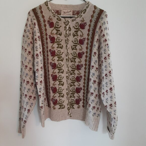 Vintage Woolrich Cardigan Women's MED Beige Silk Wool Button Floral Knit Sweater - Picture 1 of 7